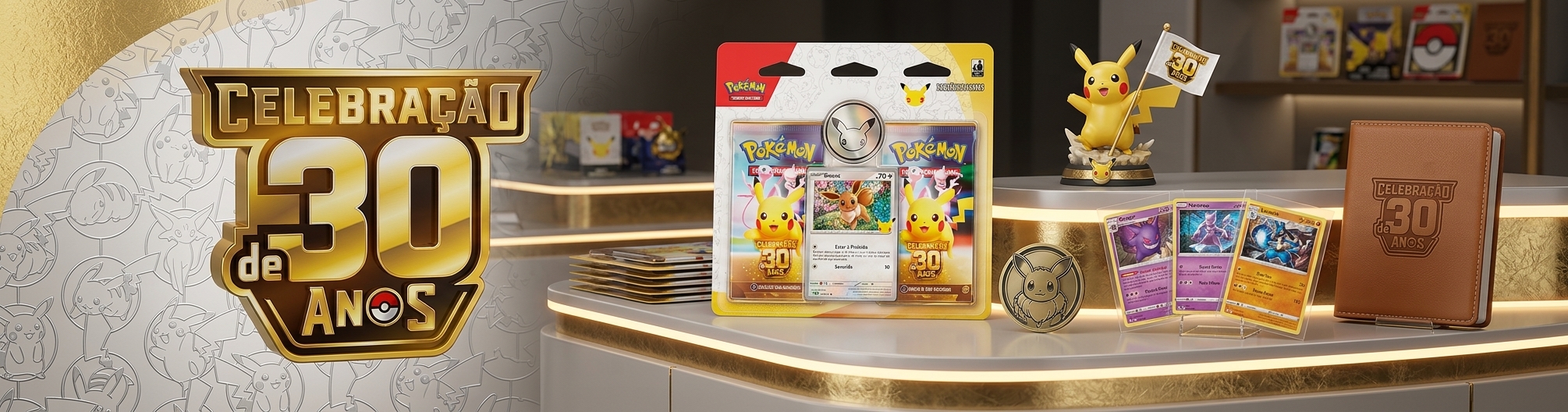 Celebracao de 30 anos Pokemon, com produtos especiais e cartas colecionaveis